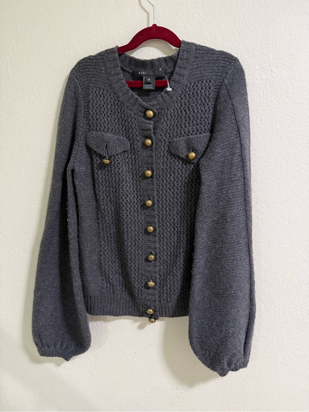 Marc Jacobs Wool Cardigan Gray Button Front Textured Knit Sz S